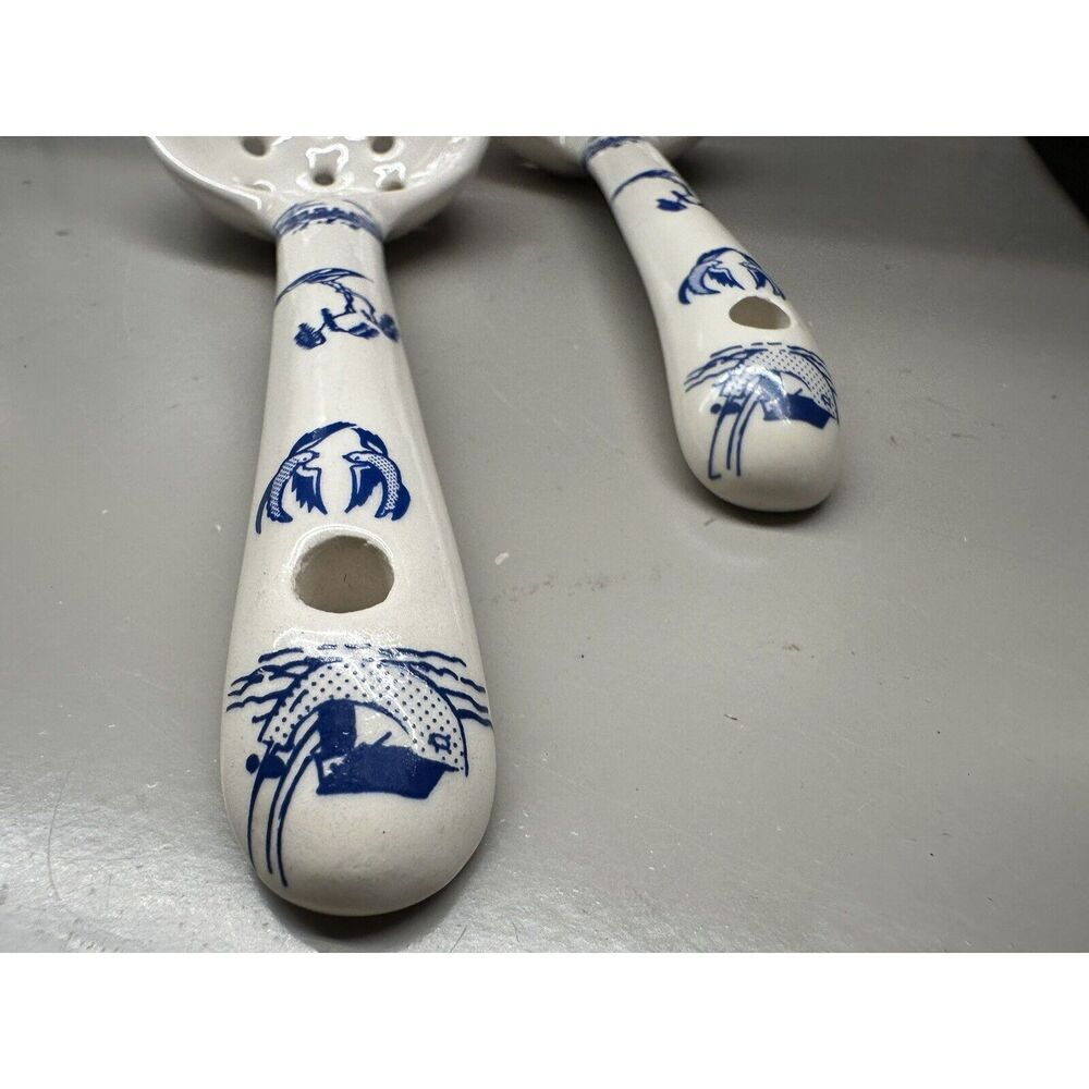 (2) Two Handmade Ceramic Slotted Rice 7” Rice Serving Spoons - Picture 4 of 6